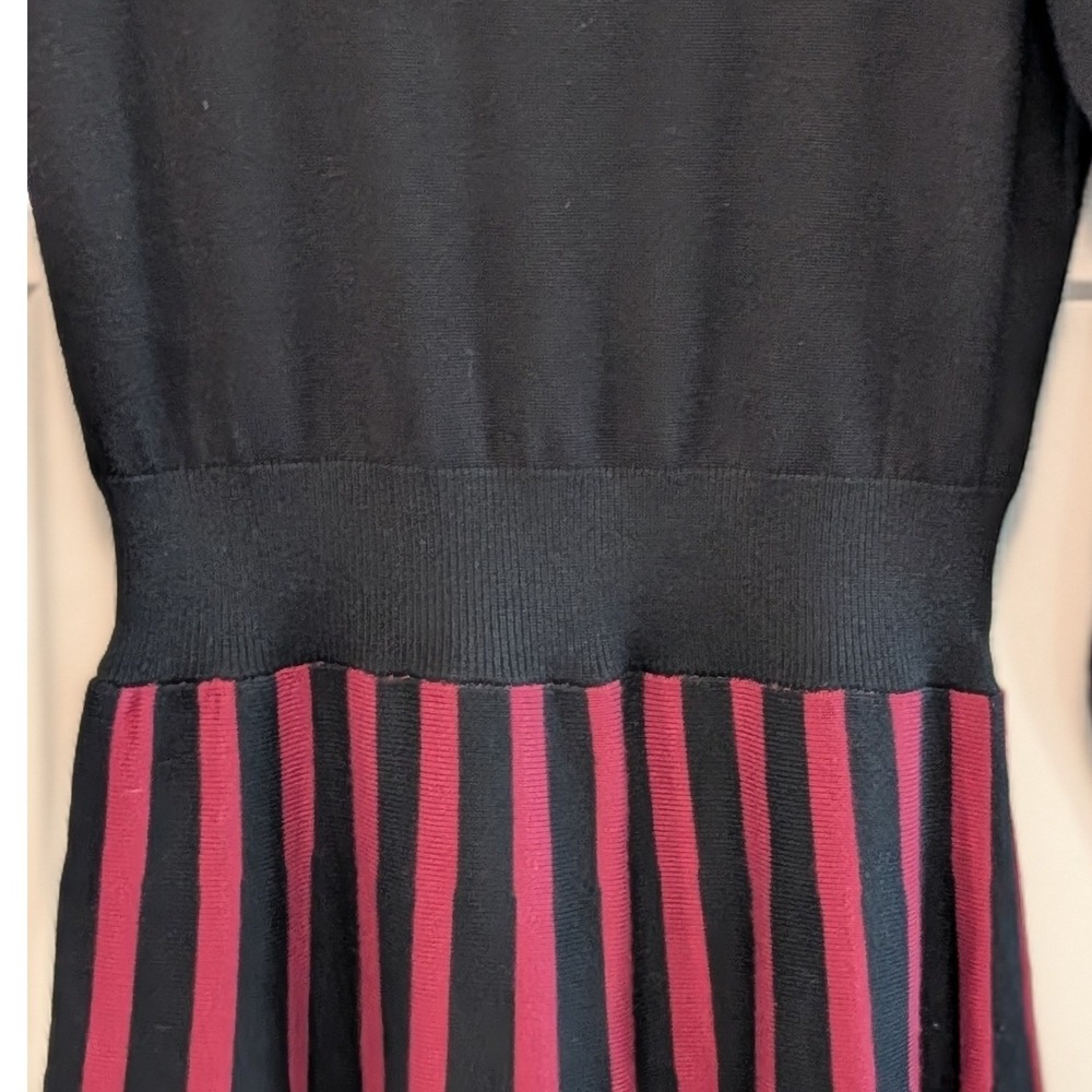 LAPIS Medium Black Burgundy Striped Midi Sweater Dress Mock Neck Long Sleeve - Picture 3 of 5